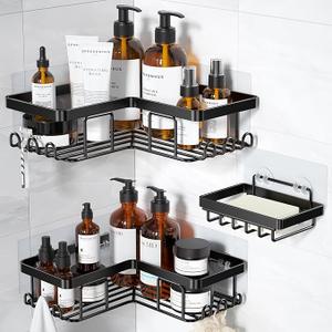 YASONIC Corner Shower Caddy, 3-Pack Adhesive Bathroom Caddy with Soap Holder and 12 Hooks, Rustproof Stainless Steel Shower Organizer, No Drilling Wall Mounted Shower Rack, Brushed 