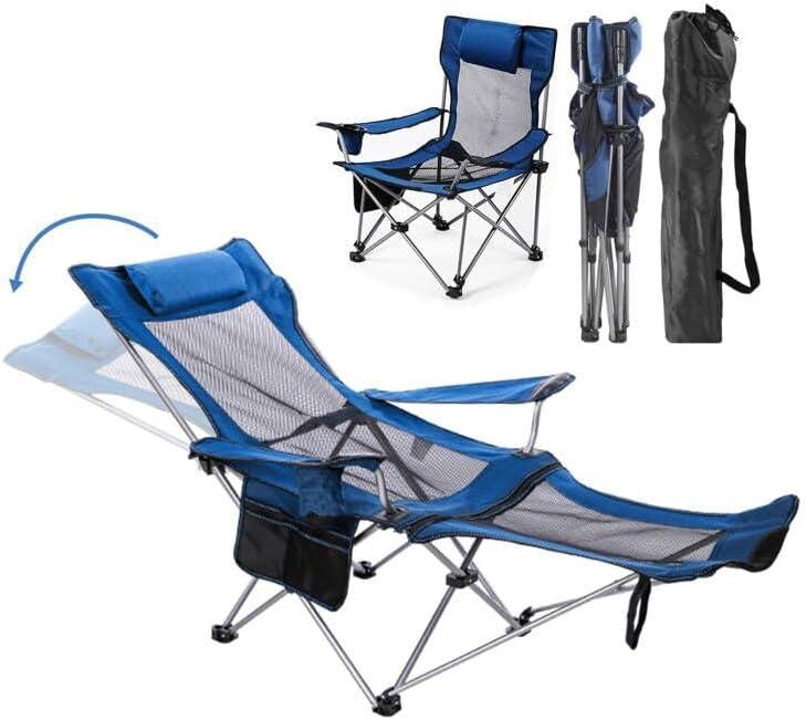 Reclining Folding Camping Chair with Removabel Footrest, Adjustable Folde Camping Chair with Foot Rest, Camp Lounge Outdoor Beach Chair, Mesh Reclining Design, with Pillow Cup Holder, Blue Mesh, Standard