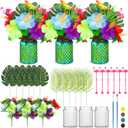 Geelin 38 Pcs Tropical Mason Jars Centerpieces Hawaiian Artificial Hibiscus Flowers Palm Leaves and Flamingoes Table Decorations for Summer Wedding Birthday Decor Vases Home Hostess Gift