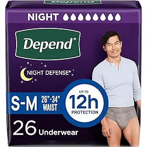 Depend Night Defense Adult Diapers, Incontinence Underwear for Men, Disposable, Overnight, Small/Medium, Grey, 26 Count, 