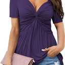 Tankaneo Womens Front Knotted V-Neck Blouse T Shirt Short Sleeve Oversized Tunic Tops Summer Solid Pullover Tees, Large, B15-purple