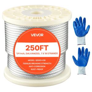 VEVOR Wire Rope, 1/4" 250 ft Zinc Galvanized Carbon Steel Cable with Gloves, 7000 lbs Breaking Strength, 7 x 19 Strands Construction Marine Aircraft Grade for Handrail Stair Decking Fence Outdoors