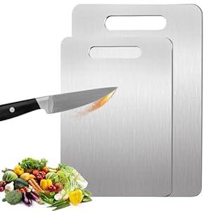 2 Pack, 100% Pure Titanium Cutting Board  NonSlip Kitchen Chopping Board, Dishwasher Safe, Scratch Resistant, Easy to Clean, Durable & Hygienic for Meat, Vegetables, and Fruits（M+L) 1 Is Bent