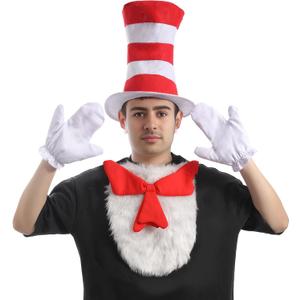 Cat in the Hat Costume Red Striped Hat White Gloves White Furry Cloth Red Bow Halloween Party Cosplay Costume Accessories