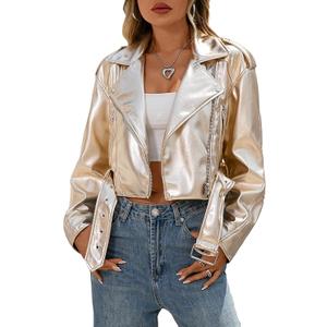 LY VAREY LIN Women Faux Leather Cropped Jacket Vegan Motor Biker Coat with Belt, Size Medium