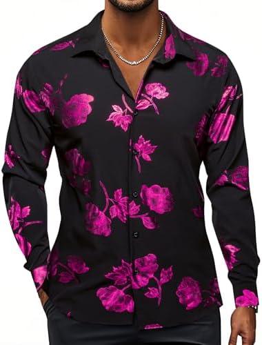 Hi-Tie Mens Hipstar Gold Paisely Floral 3D Printed Dress Shirts Shiny Long Sleeve Button Down Party Disco Performing Size XXL, Color:  Black and Red
