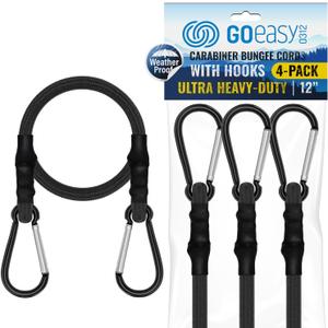 GOEASY0312 Carabiner Bungee Cords with Hooks Heavy Duty - 12" Elastic Bungee Cords With Carabiner Hooks 200 LBS Max Break Strength, UV Resistant for Camping, Tarps, Bike Rack, Tent, Car - 4pcs (Black)