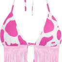 Women Western Cowgirl Fringe Top - Country Concert Outfits Sexy Halter Cow Print Festival Rodeo Rave Tank Shirt (Cow Pink White, XS)