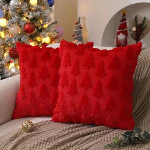 DFXSZ Christmas Tree Pillow Covers 16x16 inch Set of 2 Christmas Decoration Red Soft Plush Faux Fur Jacquard Throw Pillows for Bedroom Sofa Holiday Festivals Winter Home Decor PTK006B16