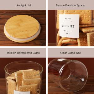Set of 3 Glass Flour and Sugar jars with 132 Kitchen Pantry Labels - Thicken Large Glass Storage containers with Airtight Bamboo Lid - Glass Rice Canisters for Salt Coffee(1x54OZ/2x27OZ)