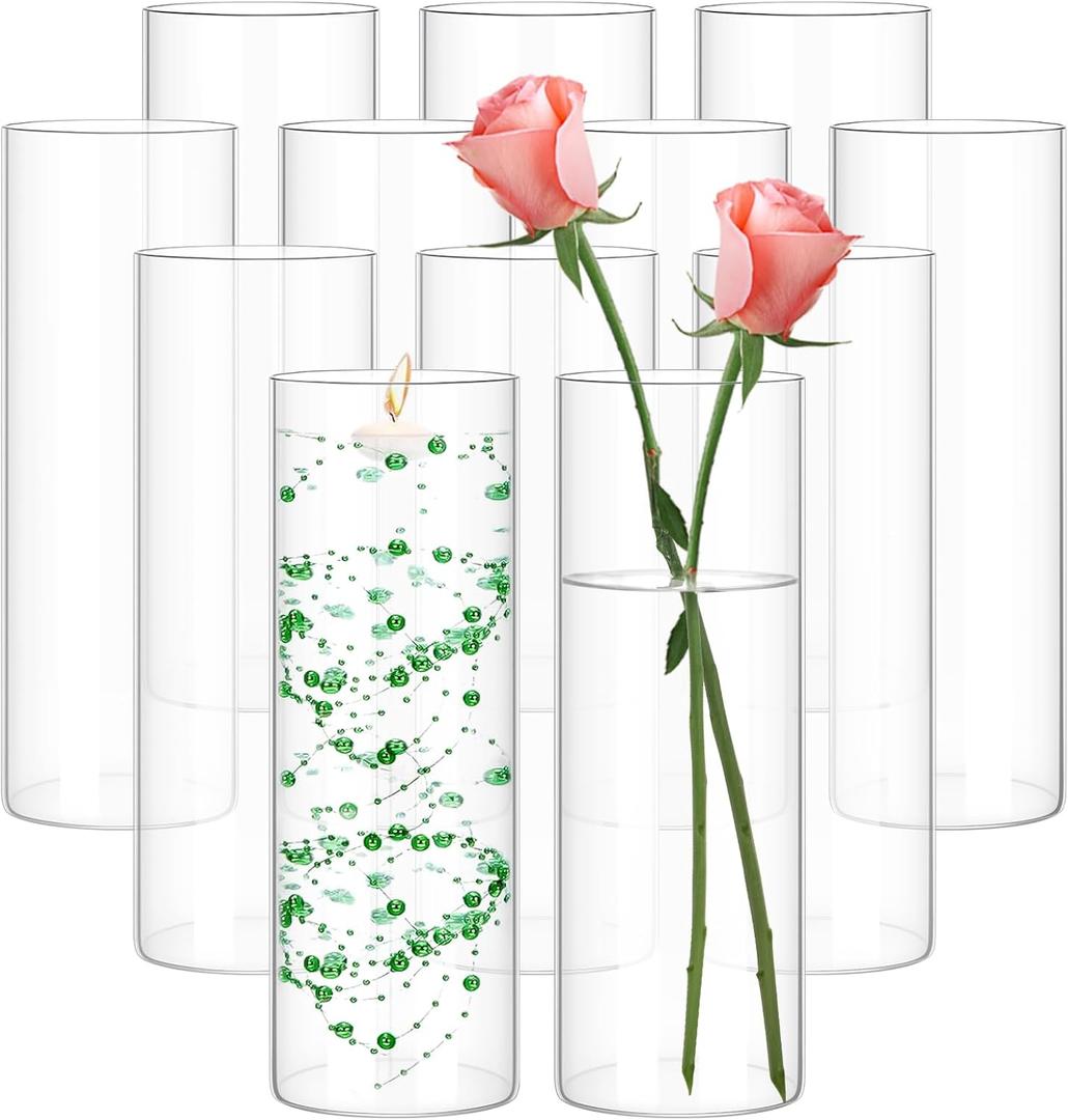 12 Pack Glass Cylinder Vases 10 Inch Tall Clear Flower Vase for Centerpieces, Hurricane Floating Candle Holder Wedding Decorations, Floral Vase Bulk for Table Shelf Party Home Deco (10 x 3.35 Inch)