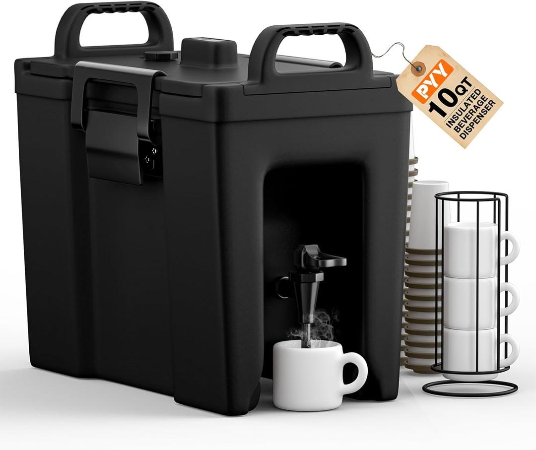 PYY Insulated Beverage Dispenser 2.5 Gallon - Hot and Cold Drink Water Pitcher Coffee Carafe with Spigot Handle and Stand, Commercial Thermal Urn for Chocolate Cocoa Iced Juice Tea Punch Outdoor Party
