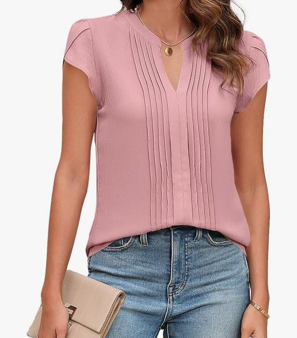 Womens Blouses Dressy Causal V Neck Pintuck Short Petal Sleeve Business Tops Ladies Summer Trendy Work Shirt, L Womens Blouses Dressy Causal V Neck Pintuck Short Petal Sleeve Business Tops Ladies Summer Trendy Work Shirt, L