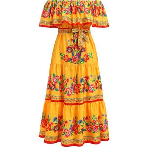 Women Mexican Dress Off Shoulder Floral Long Maxi Dress Summer Beach Party Cinco de Mayo Dresses with Belt (3X-Large, Yellow)