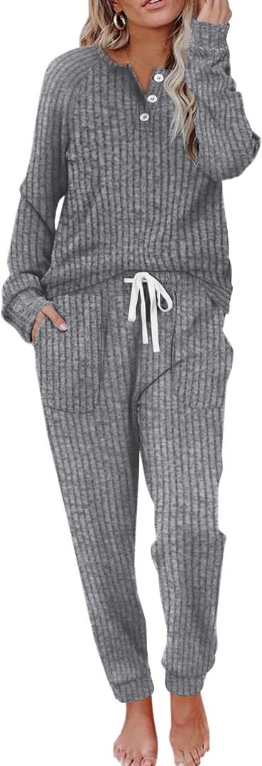 WIHOLL Two Piece Outfits for Women Lounge Sets Button Down Sweatshirt Sweatpants Sweatsuits Set with Pockets (Large, Long Sleeve 1-dark Grey)
