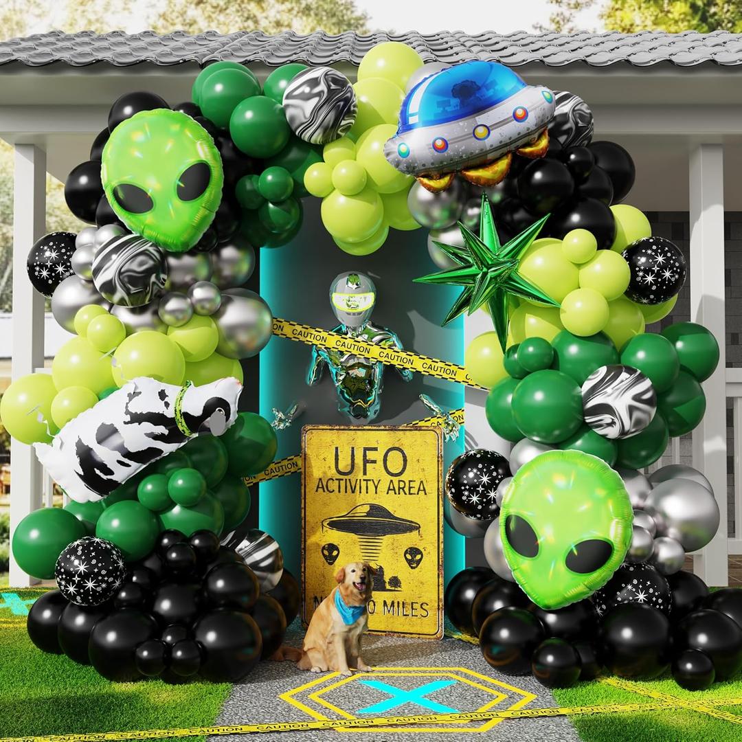 154pcs Alien Balloon Arch Kit - Green Black Silver Latex Balloons with Alien/UFO/Cow/Burst Foil Balloons for Alien Decorations, Space Birthday, Trunk or Treat Car Decor