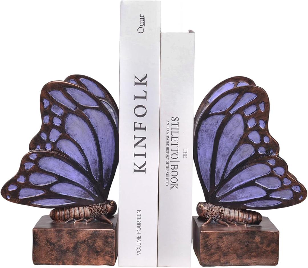 Vintage Purple Butterfly Bookends,Resin Book Ends for Shelves,Heavy Duty Decorative Bookends,Creative Book Stopper Holder Decor for Desk Home Office,Shelf Decoration,Gifts for Mother's Day