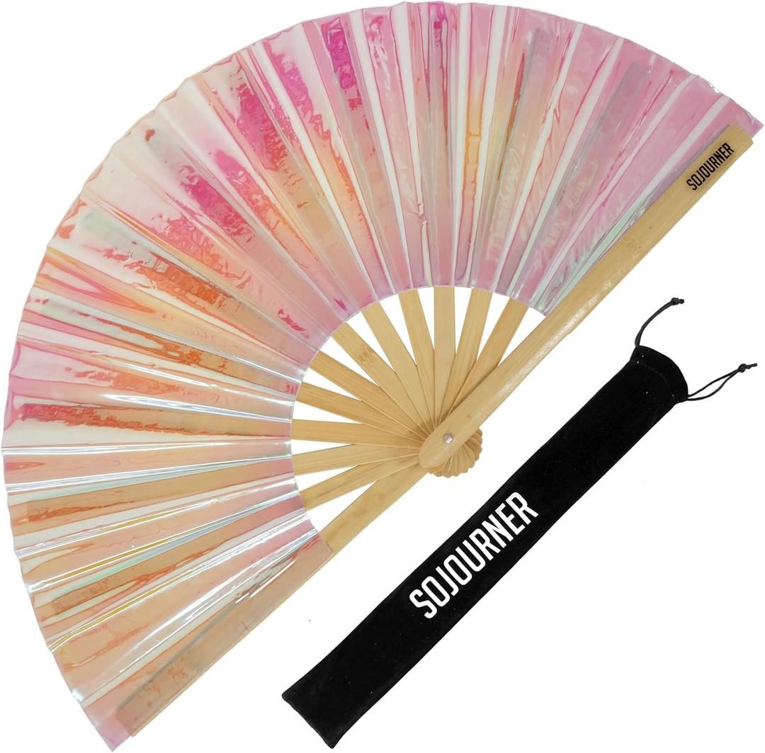 SoJourner Bags Holographic Pink Rave Fan - Large Folding Clack Fan for Men and Women - Rave Accessories for EDM, Line Dancing, Cosplay, Concerts and More
