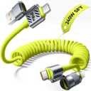 Coiled Green Cable 4-in-1 USB C Cable 240W Compatible with Lightning Cable Fast Charging & Data Transfer, Support to CarPlay & Android Auto, 5FT Multi Cord Combo Charger for iPhone/iPad