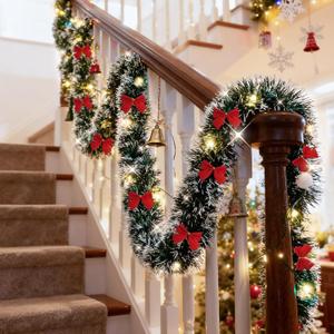 2 Pack Christmas Tinsel Garland, Lighted Artificial Garland Plug in, 15FT Outdoor Christmas Garland for Stairs Railings Door Indoor Decor