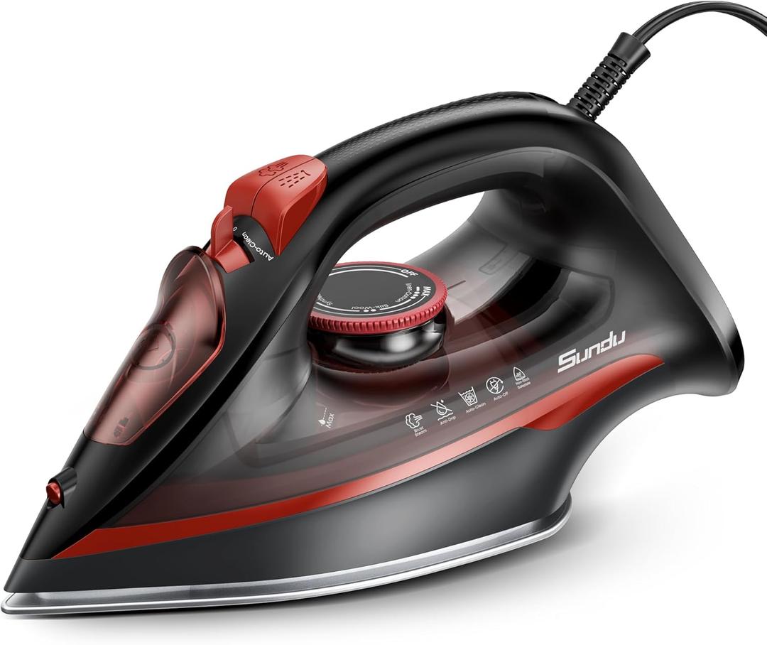 Steam Iron for Clothes, 3-Way Auto Shutoff, Ceramic-Coated Soleplate with Burst Steam, Anti-Drip and Anti-Calc, Self-Cleaning, 1500W Powerful for Home Use Dark Red