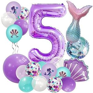 40 inch Purple Number 5 Balloon, Giant Large Number 5 Balloon, 5th Birthday Mermaid Balloons, Children's Birthday Party Baby Shower Decoration Supplies(Purple 5), 5 year old birthday balloon kit