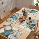White Blue Pumpkin Floral Placemats Set of 6, Thanksgiving Cotton Linen Heat-Resistant Washable Table Mats Placemat for Holiday/Dining/Indoor/Outdoor/Party Table Decoration,