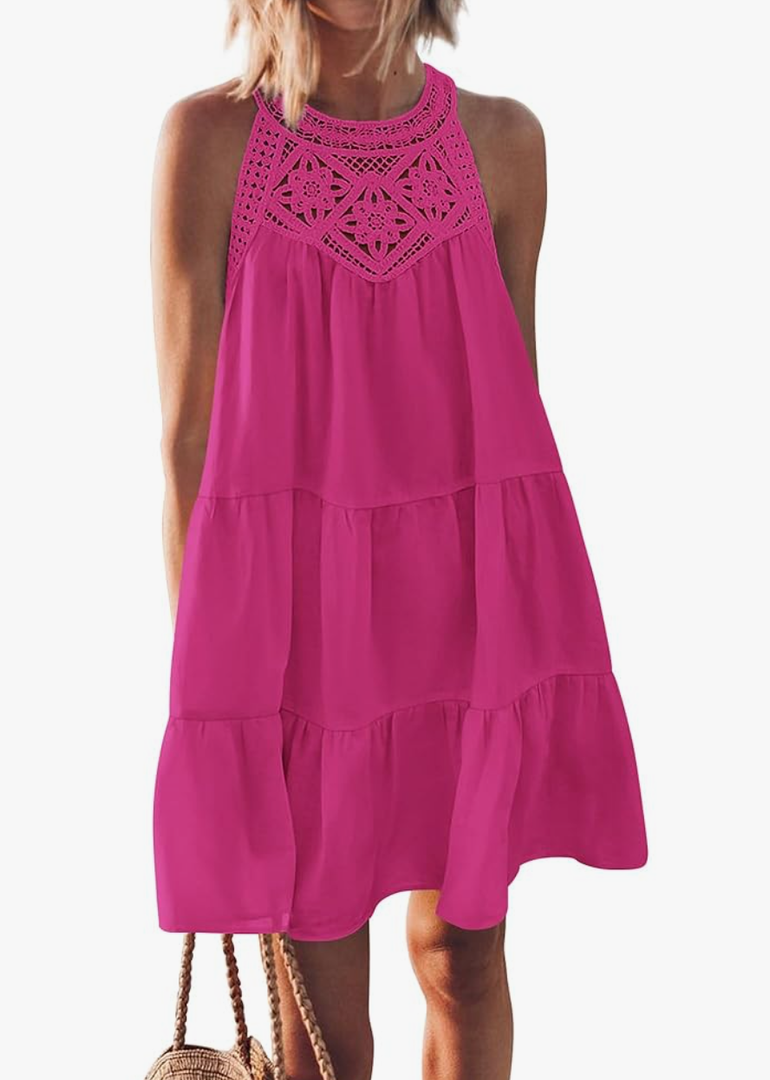BTFBM Women Summer Halter Dresses Casual Spring 2025 Sleeveless A-Line Tiered Swing Mini Dress Beach Vacation Sundress, Size Large