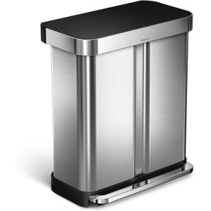 simplehuman 58 Liter / 15.3 Gallon Rectangular Dual Compartment Recycling Kitchen Step Trash Can with Soft-Close Lid, Brushed Stainless Steel with Black Plastic Lid