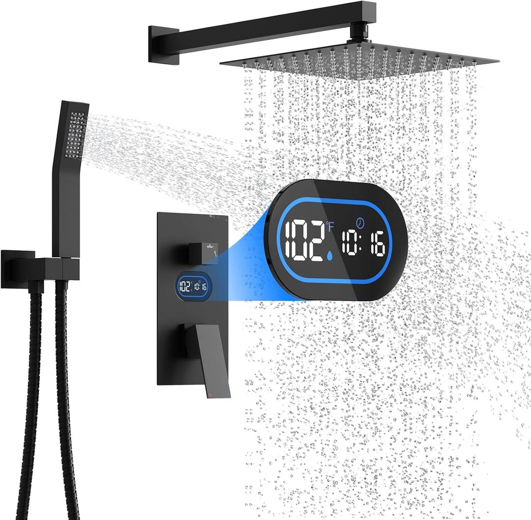 Shower Faucet Set with Hydro Power Temperature Display, Shower System Bathroom 10 Inches Shower Head with Handheld Spray, Wall Mounted Shower Fixtures with Shower Valve and Trim Kit, Matte Black