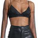 Rhinestone Crystal Crop Top, Long Sleeve Mesh Body Chains, See Through Mesh Diamond Fishnet Shirts Outfits (Black, No Size)