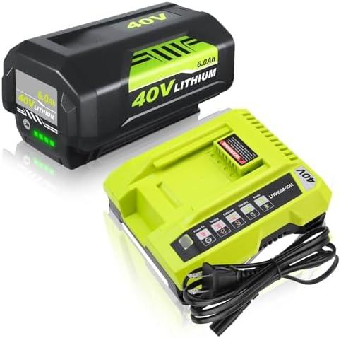 Enermall 1Pack 6.0Ah Replacement for Ryobi 40V Battery Lithium Ion and OP401 Charger Compatible with Ryobi 40 Volt Battery OP4026 OP4050A OP4040 OP4030 Replacement for 40V OP401 Charger (Green)