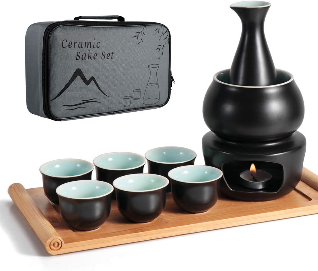 Dltsli Ceramic Sake Set with Warmer Pot Tray, Stovetop Porcelain Pottery Hot Saki Drink Bottle, 10pcs Set 1 Stove 1 Warming Bowl 1 Sake Bottle 1 Tray 6 Cup Keep Sake Storage Box (Black)
