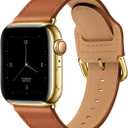 POWER PRIMACY Leather Bands Compatible with Apple Watch Band 38mm 40mm 41mm 42mm-Series 11/10,Genuine Leather Strap Compatible for Women Men iWatch SE Series 11 10 9 8 7 6 5 4 3 2 1(Brown/Gold)