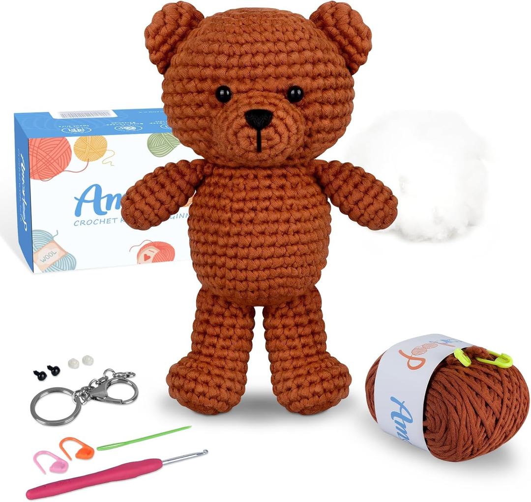 Amorloop Crochet Kit for Beginners Easy-to-See Stitches Yarn, Pre-Started Piece, and Step-by-Step Video Tutorials | Starter Crochet Set with Cute Animal Pattern Original Handmade Bear Pattern
