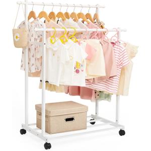 Kids Clothing Rack Bamboo with 2 Hanging Rods and 4 Hooks, Kid Dress Up Holder on Wheels, Small Child Garment Hanger for Playroom, Toddlers Bedroom (White)