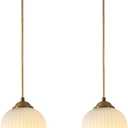 Milk Glass Cylinder Pendant Lights Kitchen Island Small Ribbed Hanging Light Brass Gold Pendant Lighting Fixtures Mid Century Modern Vintage Hanging Lamp (2 Pack)