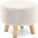 Boho Ottoman Foot Stool Cotton Knitted Round Pouf Ottoman Foot Rest Stool with Non-Skid Wooden Legs Step Stool Padded Seat for Living Room White