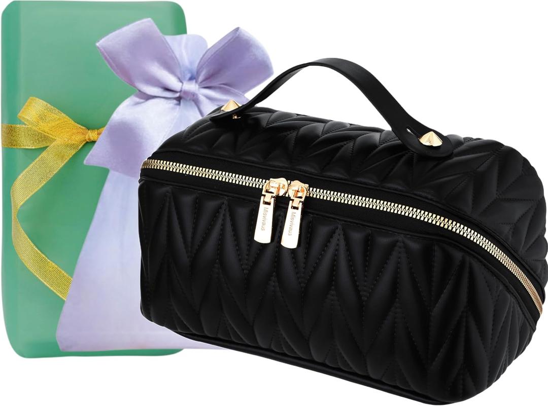 Makeup Bag,Travel Makeup Bag,Toiletry Bag Cosmetic Bag for Women,Lay Flat Makeup Bag, Upgrade Make Up Organizer Waterproof Portable with Divider and Handle(Stylish Black), HZB-M-2309Wheat