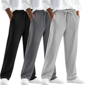 3 Pack Boy's Baggy Sweatpants Thin Straight Leg Open Bottom Athletic Pants Spring Drawstring Joggers with Pockets (Large, Light Gray, Dark Gray, Black)