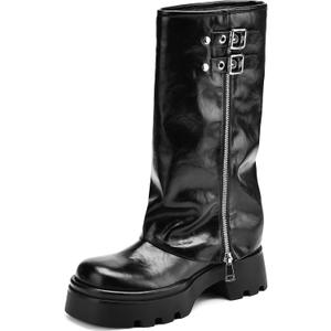 TEAIEUI Knee High Boots Women Chunky Platform Moto Riding Boots Slouchy Fold Over Wide Calf Motorcycle Biker Boots for Women with Fashion Buckle (6, Black)