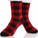 Slipper Socks for Women with Grippers, Fuzzy Christmas Socks Fluffy Cabin Cozy Winter Thick Warm Comfy Fleece Soft for Indoor Outdoor Room (One Size Wide, Red & Black Plaid)