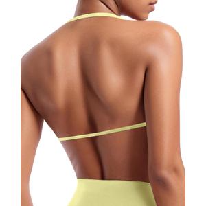 OMKAGI Halter Sports Bras for Women Padded Strappy Bra Open Back Workout Gym Crop (Small, Pale Yellow)