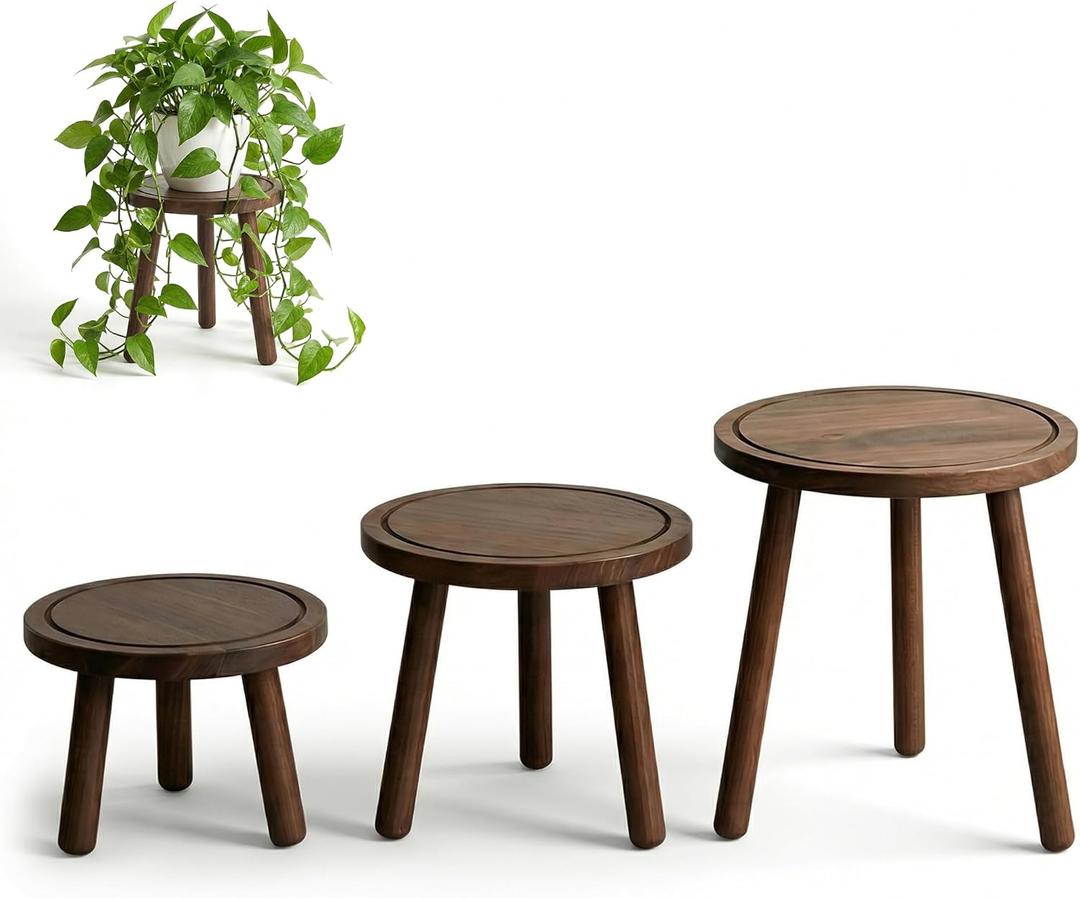 3-Pack Plant Stand Indoor, Single Wood Plant Stand for 6-12 Inch Pots, Modern Plant Stool for Large Plants, Wooden Plant Table Tall Plant Holder for Living Room Balcony Office (Dark Brown)