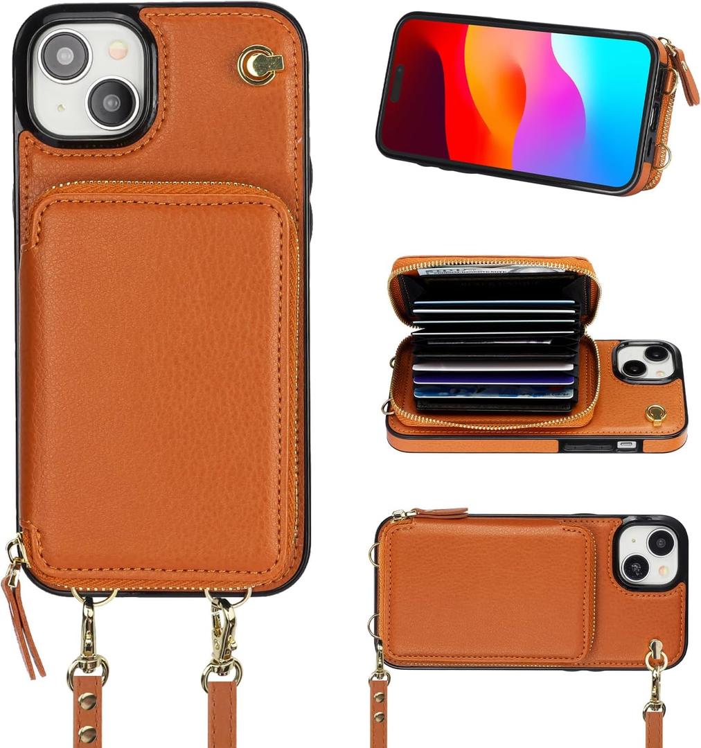 Bocasal Crossbody Wallet Case for iPhone 15 Plus, RFID Blocking Leather Purse Case with Card Holder, Protective Handbag Flip Cover with Zipper Wrist Strap Lanyard for Women 5G 6.7 Inch (Brown)