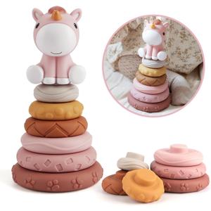Nueplay 7 Pcs Stacking & Nesting Baby Toys, Squeeze Teething Toys and Building Circle with Pink Horse Figure, Newborn Essentials for 6 12 18 Months Toddler Girls