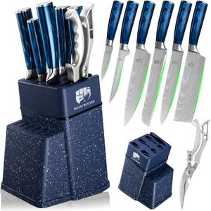 FULLHI 8pcs block Knife Set,chef's Knves Set with Block and Sharpener, Kitchen Knife Set,Multi-colour Handle, Gifts for Men Women