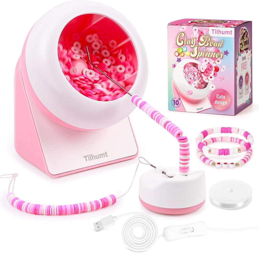 Tilhumt Clay Bead Spinner, Electric Bead Spinner for Jewelry Making, Friendship Bracelets Maker with Needle and Elastic String, Gift for Girls, Patent Design, Pink (Beads Not Included)