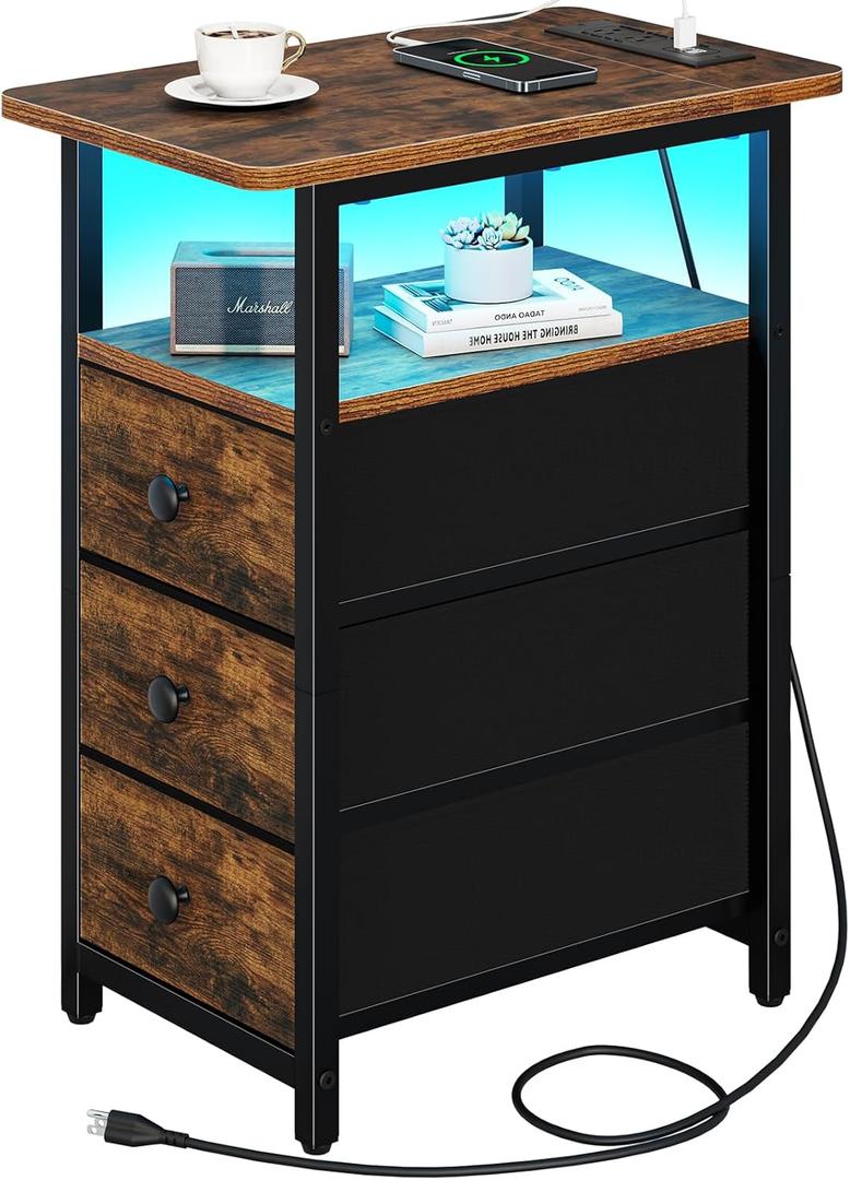 Yoobure End Table with Charging Station, LED Narrow Side Table Bedside Table, Small Night Stand End Tables Living Room, Skinny Nightstand with 3 Fabric Drawers, Side Tables Bedroom for Small Spaces (Rustic Brown)