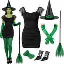 Suhine Halloween Witch Costumes 6 Pieces Witch Movie Outfit Accessories Green for Women Adult Cosplay Set (Large)